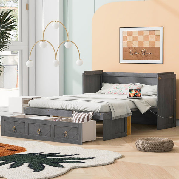 English Elm Queen Murphy Wall Bed with Pull Out Storage Drawer and Built in Usb Charging Gray LP000428AAE