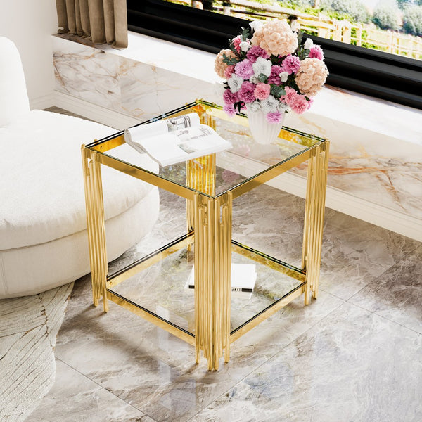 English Elm Modern Round Mirrored Glass End Table with Gold Metal Frame and Lower Display Shelf Transparent N735P380093K