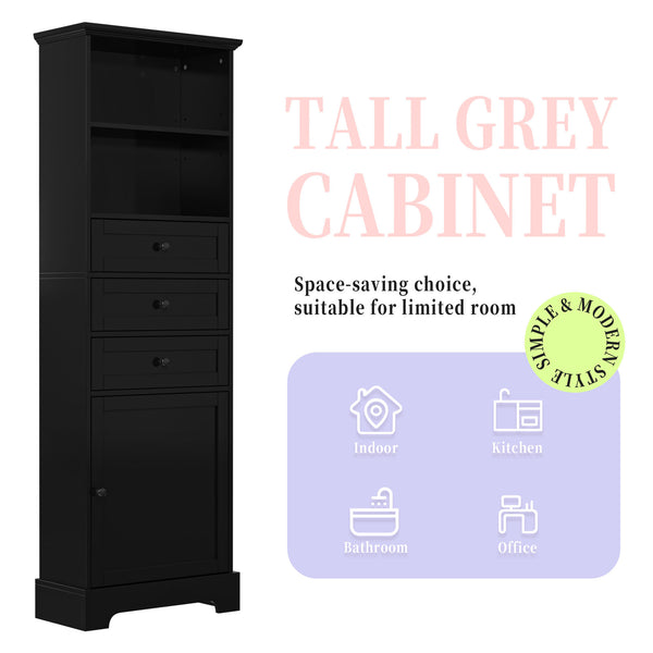 English Elm Black Tall Storage Cabinet with 3 Drawers, Adjustable Shelves, Anti-Tip, MDF Painted Finish for Office Bath WF323347AAB