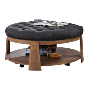 English Elm Round Wire-Brushed Coffee Table 40¾" Dia Rustic Natural Tone with Button-Tufted Padded Seat & Open Shelf B2741P360142