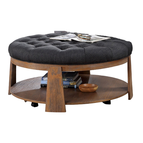 English Elm Round Wire-Brushed Coffee Table 40¾" Dia Rustic Natural Tone with Button-Tufted Padded Seat & Open Shelf B2741P360142