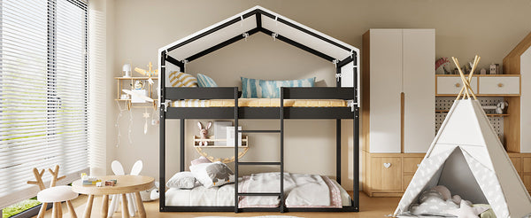 English Elm Twin Over Kids Bunk Bed with Tent Canopy Farmhouse Pinewood Playroom Frame Espresso N708P248523P