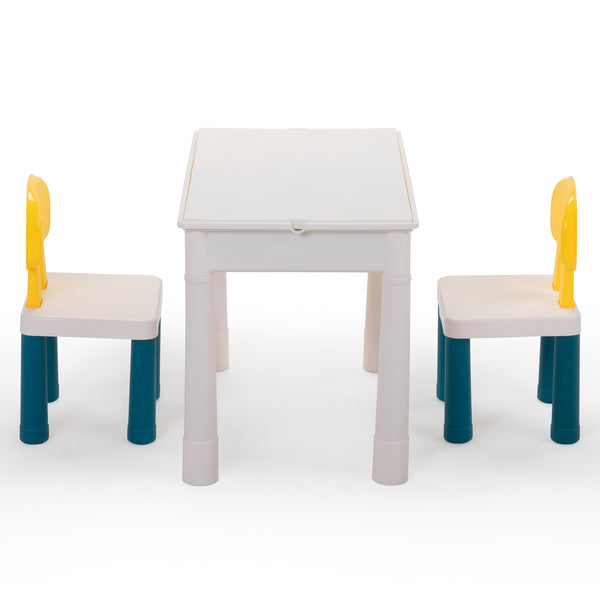 English Elm All-in-One Kids Activity Table set with 2 chairs, 100 DIY blocks, slides, storage & cushions for toddlers W2181P362367