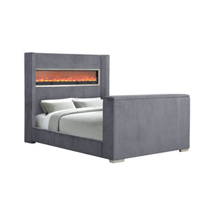 English Elm Black Queen Platform Bed Wingback Headboard Motorized Tv Lift Fireplace Bluetooth Gray,Multi B2741S00799