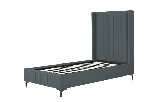 English Elm Promenade Upholstered Velvet Twin Bed with Vertical Stitched Headboard, Solid Slats, No Box Spring Needed Grey B365S00052