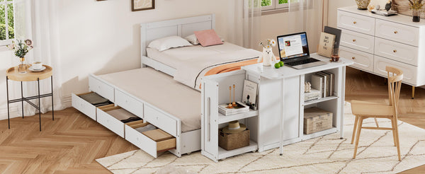 English Elm Twin Multifunctional Wood Platform Bed with Built-In Desk, Trundle & 3 Drawers for Small Spaces White 44.3 L x 23.1 W x 9 H N733S212832K