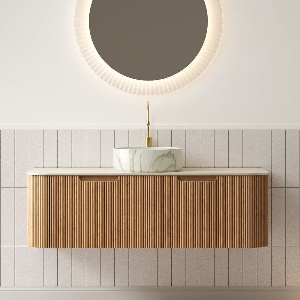 English Elm Dina Floating Bathroom Vanity with Crystal Glass Basin and Sintered Stone Top Beige,Natural Wood,White W2615S00510