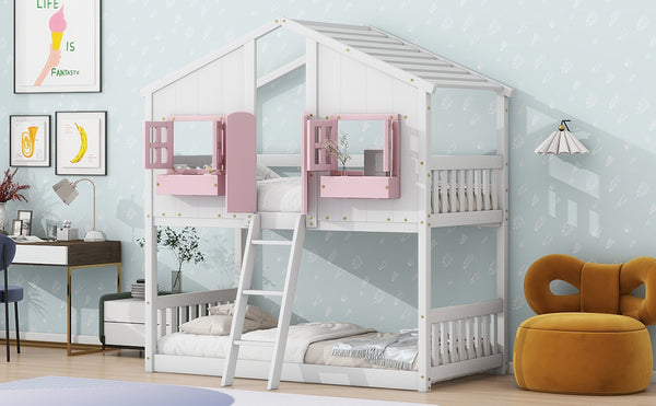 English Elm Twin House Bunk Bed with Roof, Window Box, Door, Guardrails & Ladder—Sturdy Pine Playful Design for Kids Pink+White W504S00151