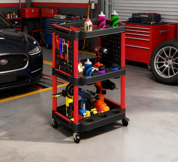 English Elm Capacity Three Tier Plastic Rolling Workshop Cart with Hooks Side Shelves Garage T3971P412713