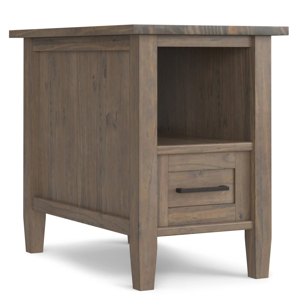 English Elm Ela Narrow End Table in Smoky Brown Wood, Handcrafted Solid Wood, Drawer & Open Shelf Storage, Transitional Style B136P203458