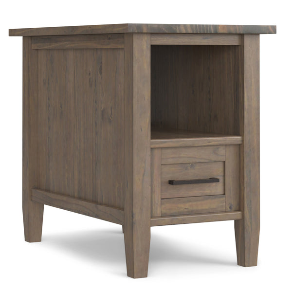 English Elm Ela Narrow End Table in Smoky Brown Wood, Handcrafted Solid Wood, Drawer & Open Shelf Storage, Transitional Style B136P203458