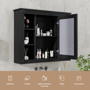 English Elm 35'' Modern Wall Medicine Cabinet with Mirror, Black MDF Storage, Soft-Close Hinges, Towel Rod, Adjustable Shelves N710P197128B