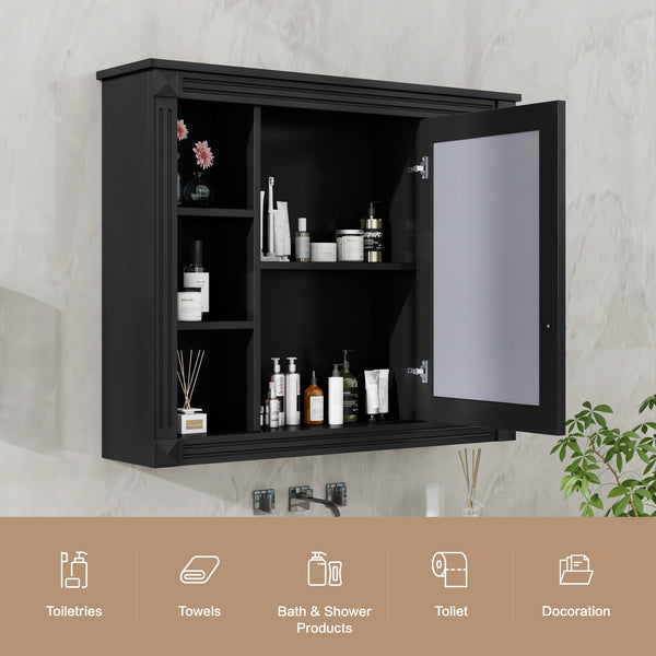 English Elm 35'' Modern Wall Medicine Cabinet with Mirror, Black MDF Storage, Soft-Close Hinges, Towel Rod, Adjustable Shelves N710P197128B
