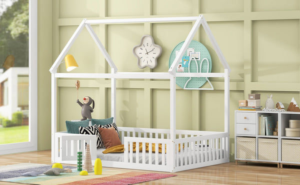 English Elm Full Full Size Wood House Bed with Roof, Fence & Working Door in Washed White Pine — Cozy Play Loft Retreat for Kids (78.1" L x 55.8" W x 77.2" H) WF531502AAK