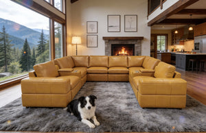 English Elm Premium Leather Match L-shaped Sectional with Dual Recliners and Built-in Console Ginger B2748S00156