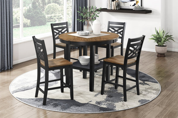 English Elm 5pc Round Counter Height Dining Set Acacia Wood Pedestal Table with Built-in Shelf B011P427921