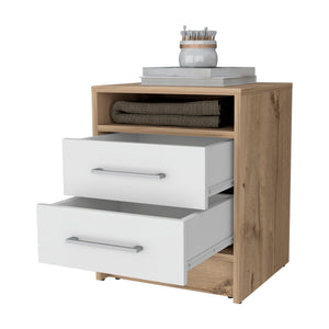 English Elm Philadelphia Nightstand with Two Drawers and Concealed Shelf, White & Light Oak Accent, Sleek Storage Design Multicolor 23 L x 19 W x 7 H B128P148786