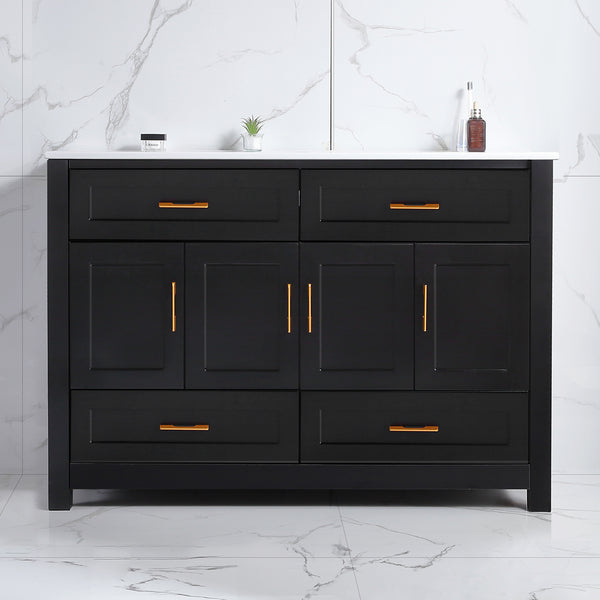 English Elm 48" Matte Black Bathroom Vanity with Ceramic Basin 8 Soft Close Storage Doors Drawers W3133S00004