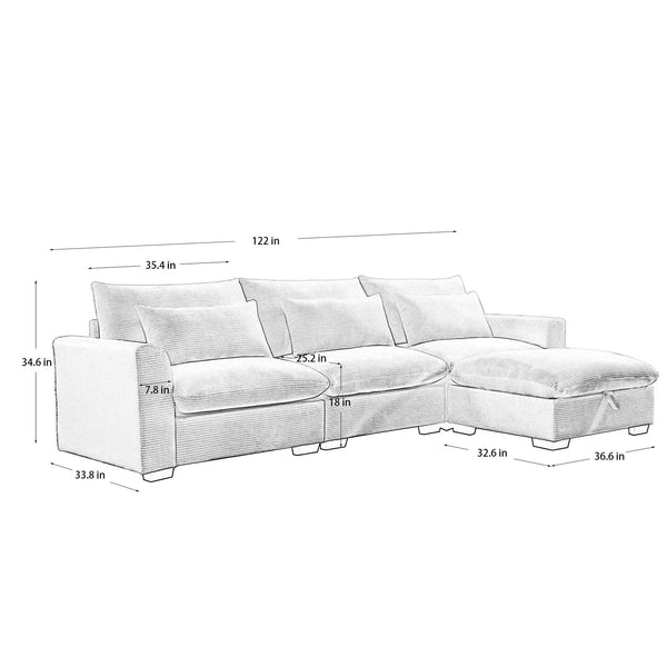 English Elm Corduroy Sectional Sofa - L-Shaped Couch With Storage Footstool & 3 Pillows, Stylish Comfort For Any Room W714S00671