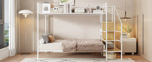 English Elm Twin Over Full Metal Bunk Bed with Trundle, Step Ladder Storage, Wardrobe & Wire Shelving, Durable Frame White SF000172AAK