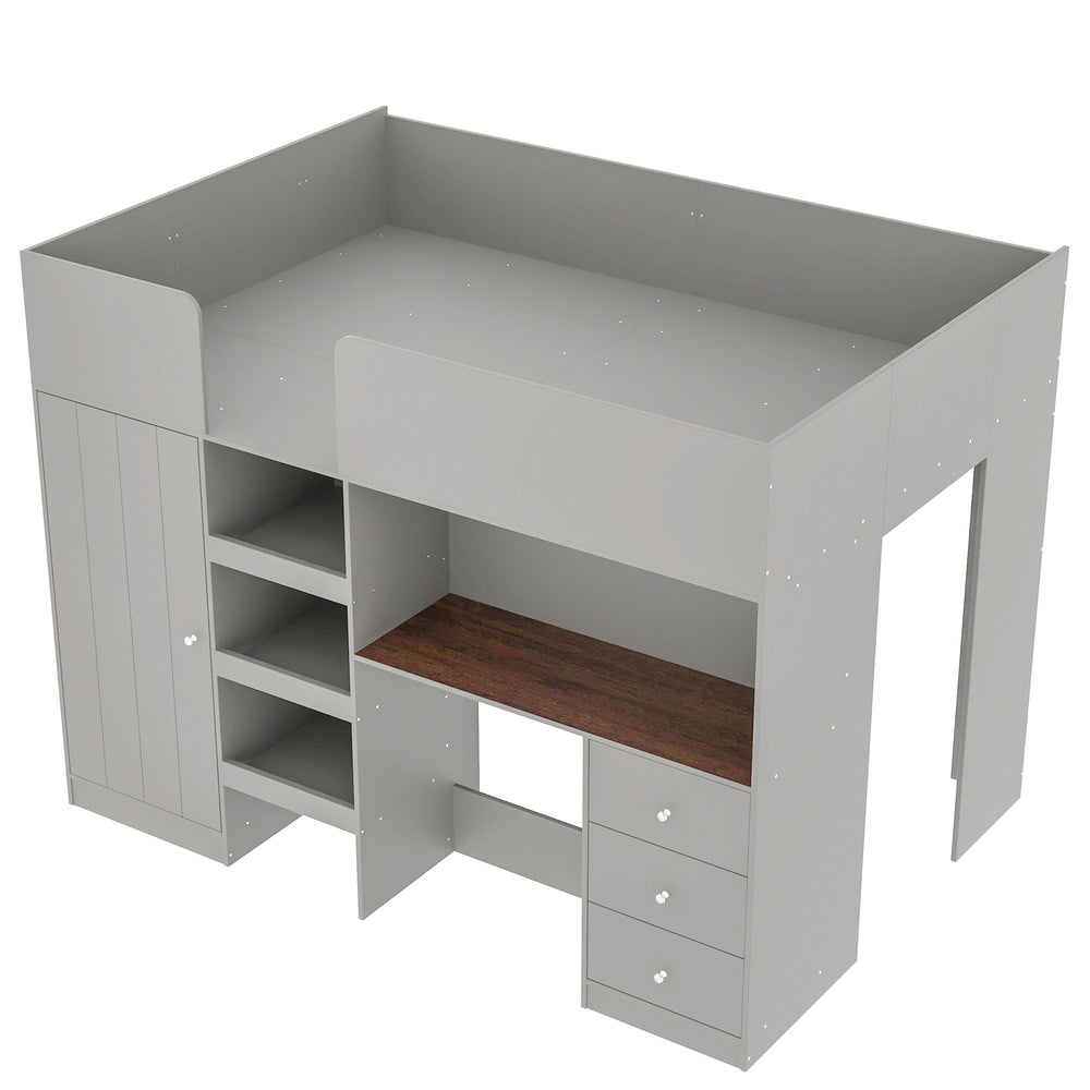 English Elm Wood Full Size Loft Bed with Built-In Wardrobe, Spacious Desk, Shelves and 3 Drawers for Storage Grey GX001819AAE