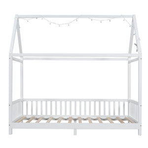 English Elm Wood Twin Size House Bed with Guardrail, Built-In LED Lights, Sturdy Pine Frame for Safe Sleep N709P177522K