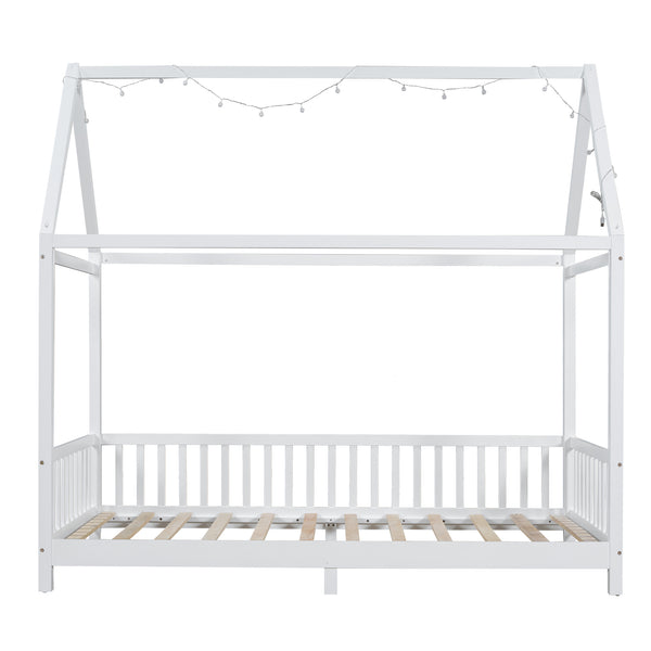 English Elm Wood Twin Size House Bed with Guardrail, Built-In LED Lights, Sturdy Pine Frame for Safe Sleep N709P177522K