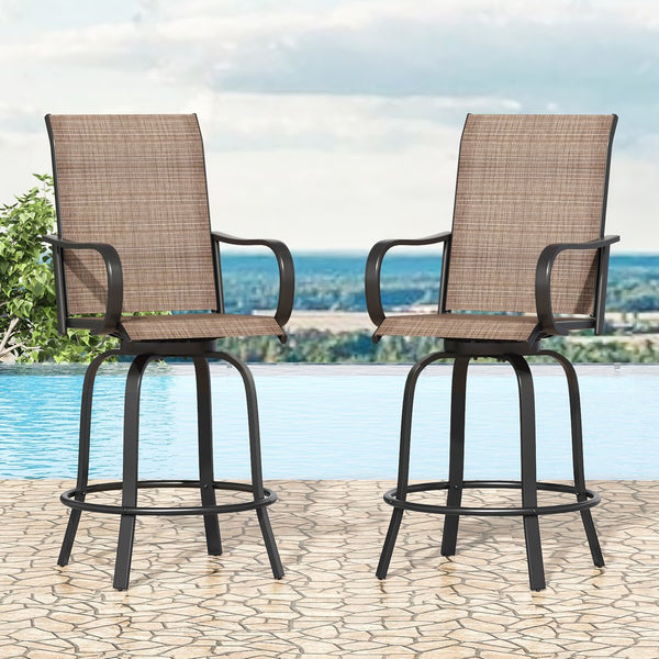 English Elm Patio Swivel Barstools Set of 2 Textilene Mesh Powder Coated Frame All Weather Seating Brown T3623P437331
