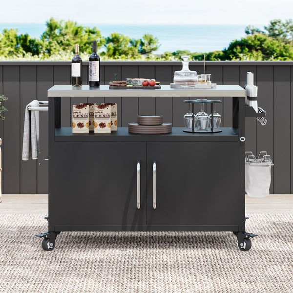 English Elm K&K 54.5" Outdoor Kitchen Island with 1.6" Stainless Top, Locking Wheels, Spice Rack & Bottle Opener N707P270779B