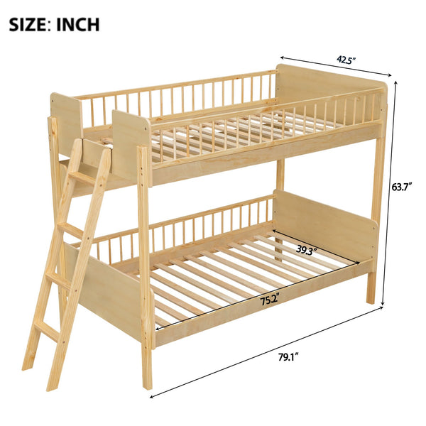 English Elm Twin Over Solid Wood Bunk Bed with Built in Shelves and Reversible Ladder N7090002224N