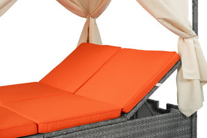 English Elm U_style Outdoor Rattan Steel Chaise Lounge with Shade Canopy and Reclining Cushioned Sunbed Orange WY000471AAO