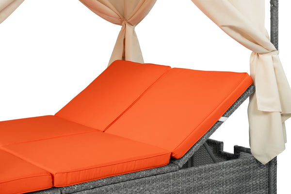 English Elm U_style Outdoor Rattan Steel Chaise Lounge with Shade Canopy and Reclining Cushioned Sunbed Orange WY000471AAO