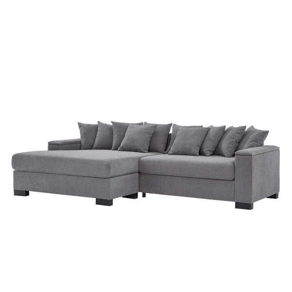 English Elm 111" Corduroy L-Shape Sectional Sofa with Convertible Chaise, Arm Storage, Reversible Cushions, Grey - Durable Solid Wood Frame, 900lb Capacity W1097S00159