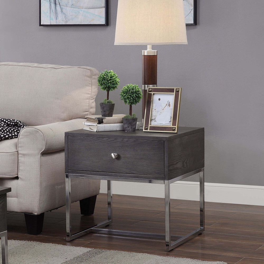 English Elm Grey Oak End Table With Chrome Sled Base - Stylish Modern Storage Solution For Living Room Elegance B062P189217