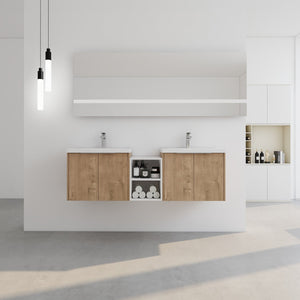 English Elm 60 Inch Wall Mounted Vanity with Dual Resin Sinks, Soft Close Doors, Metal Handles & Shelves Durable Finish Imitative Oak W999S00186
