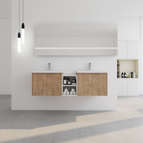 English Elm 60 Inch Wall Mounted Vanity with Dual Resin Sinks, Soft Close Doors, Metal Handles & Shelves Durable Finish Imitative Oak W999S00186
