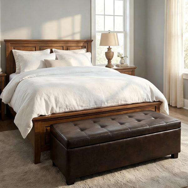 English Elm Storage Bench Tufted Upholstered Entryway Seat with Hinged Lid and Wooden Legs W5325P423784