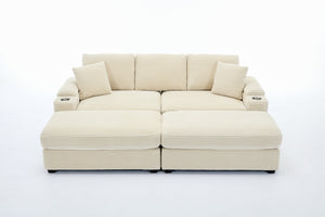 English Elm Corduroy Upholstered Chaise Lounge Sofa with Movable Ottoman, Cup Holder, Deep Seat Comfort Beige W2120S00008