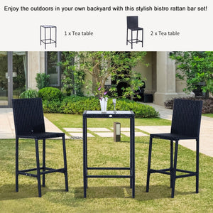 English Elm Outsunny 3-Piece Rattan Bar Set With Glass Top Table & 2 Stools For Stylish Outdoor Lounging W2225P217543-GIGA
