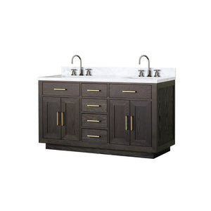 English Elm Brown Oak Double Bath Vanity: 60" Carrara Marble Top, Chrome Faucets, Soft-Close Storage Solution B2731P257734