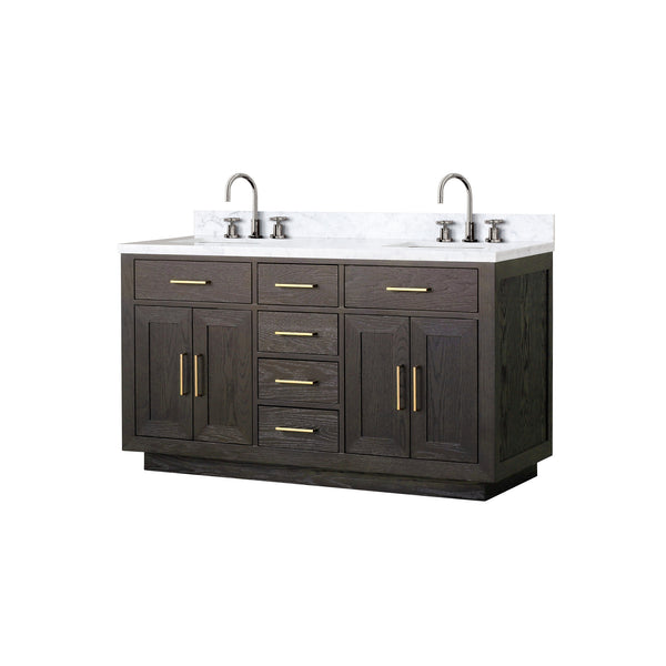 English Elm Brown Oak Double Bath Vanity: 60" Carrara Marble Top, Chrome Faucets, Soft-Close Storage Solution B2731P257734