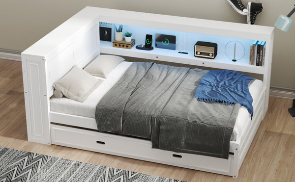 English Elm Full Pine Daybed with Trundle Sliding Storage Shelves Led Lighting and Usb Charging White GX004003AAK