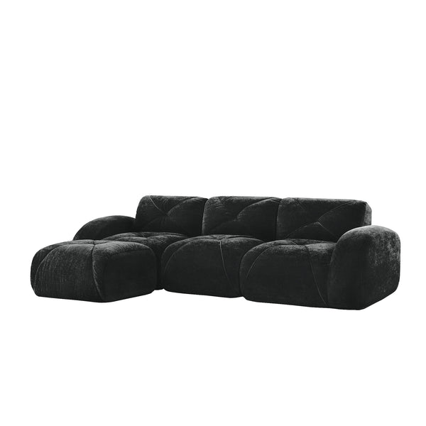 English Elm L-shaped Velvet Sectional Sofa Tufted Modular Seating with Ottoman for Living Room Black W714S01627