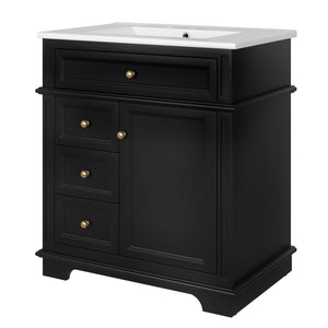 English Elm 30" Freestanding Bathroom Vanity Acacia Wood Matte Black Finish Gold Knobs Ceramic Sink N759P227429B
