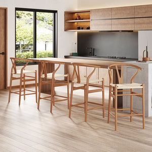 English Elm Wishbone Rattan Barstool with Woven Papercord Seat, Solid Ash Wood, Eco-Friendly Finish, Fully Assembled Walnut T3623P379825