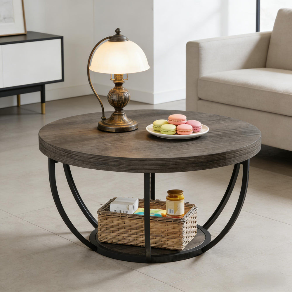 English Elm 2-tier Round Coffee Table Engineered Wood Top Arc Steel Legs Living Room Accent Black,Gray T3971P453344
