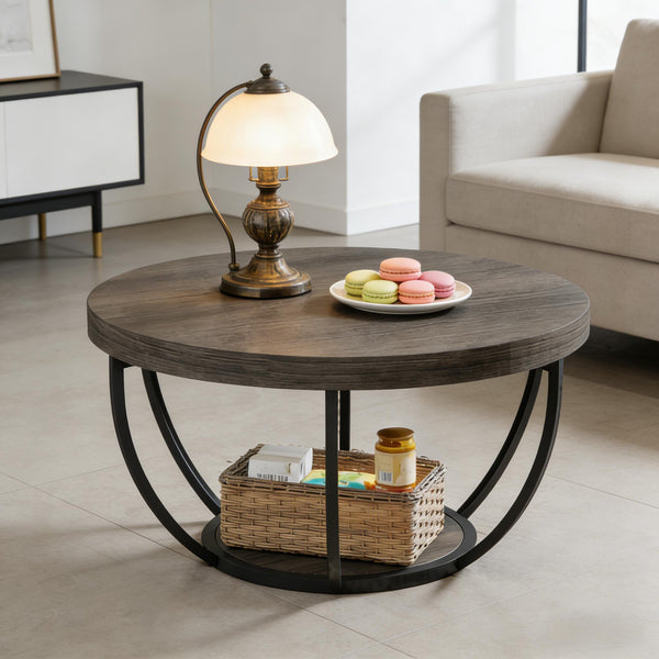 English Elm 2-tier Round Coffee Table Engineered Wood Top Arc Steel Legs Living Room Accent Black,Gray T3971P453344