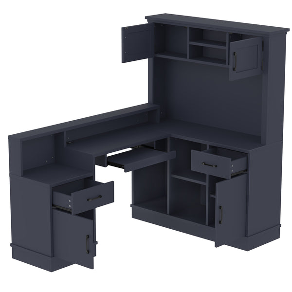 English Elm L-shaped Corner Computer Desk with Built-in Outlets Drawers and Open Shelving Storage W1580S00270