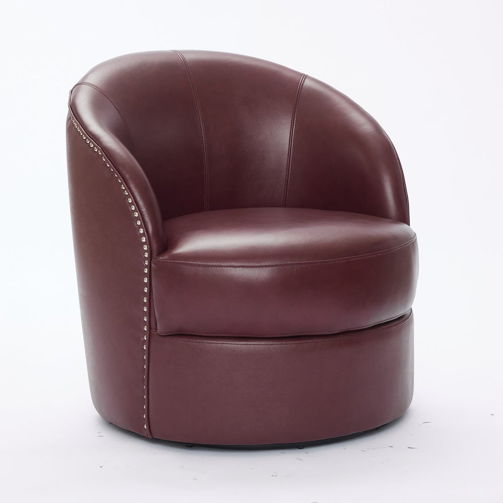English Elm Dark red Top-Grain Leather Swivel Accent Chair with 360° Smooth Spin, Riveted Rock’n’Roll Style, Sturdy Base W570P386958