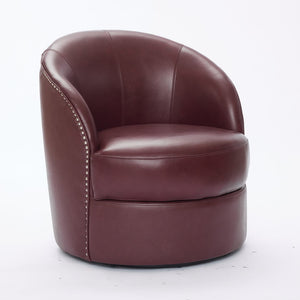 English Elm Dark red Top-Grain Leather Swivel Accent Chair with 360° Smooth Spin, Riveted Rock’n’Roll Style, Sturdy Base W570P386958